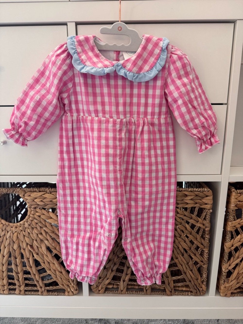 Smocked South Pink Gingham Baby One-Piece with Blue Collar 12-18month